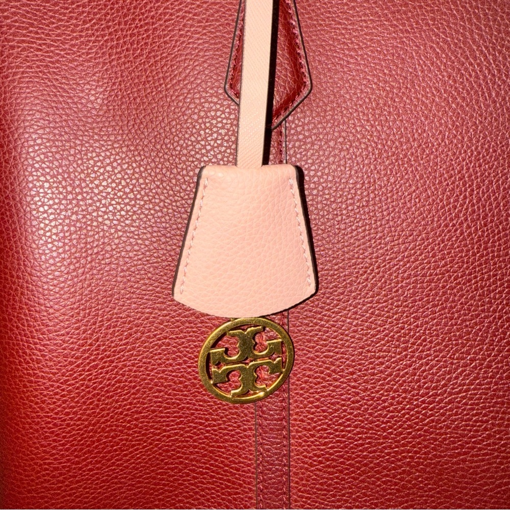 Tory Burch Ella Tote Burgundy Leather w/ Blue Interior Work School Bag - Picture 4 of 8